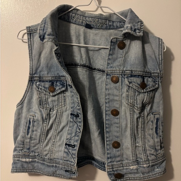 American Eagle Outfitters Jackets & Blazers - American Eagle Light Blue Distressed Denim Bohemian Feminine Style Jacket Vest